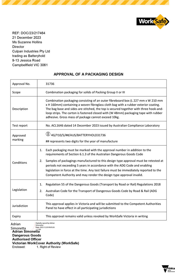 Compliance and approval for 10kg